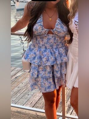 size large shein blue and orange floral patterned ruffled cutout dress